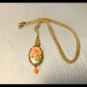 Floral yellow green gold cameo orange necklace